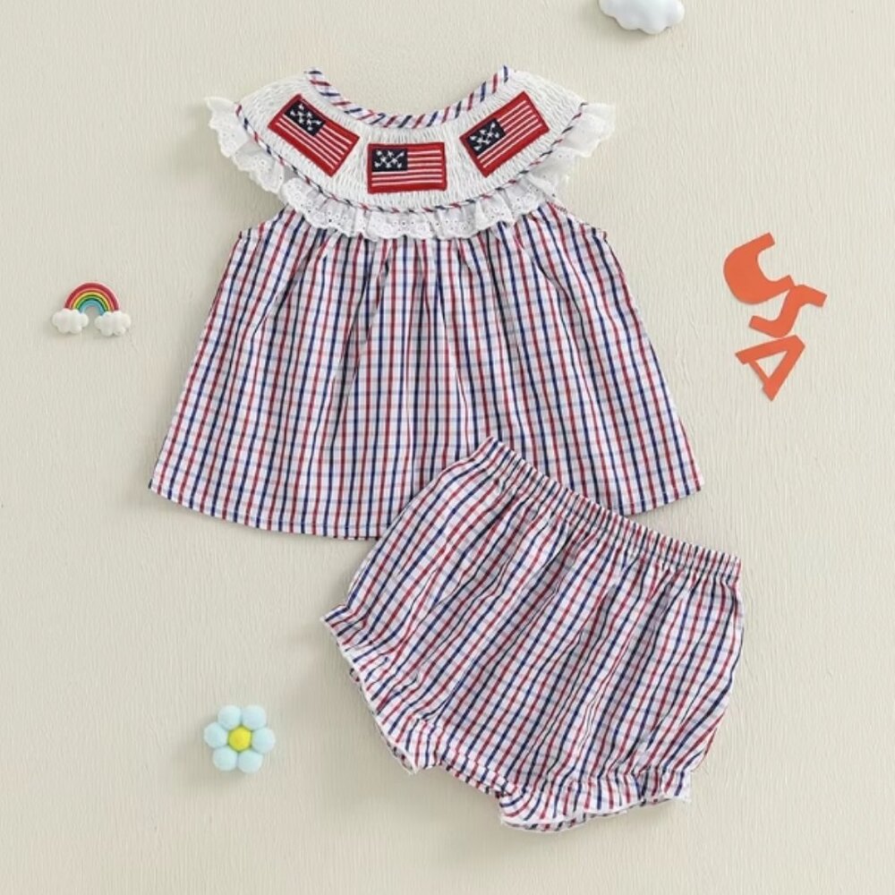 4th of July Patriotic Girls Smocked Flag Tunic Bloomers Outfit Set